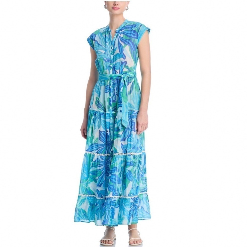 Poupette St Barth Kora Maxi Dress Blue Seaweed Floral Cotton Tiered Size XS